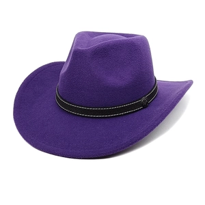 Detail of purple wool cowboy hat with black leather band and silver metal sun ornaments