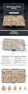 Macro detail of natural wood beads set with sizes 6-14mm and clear elastic cord