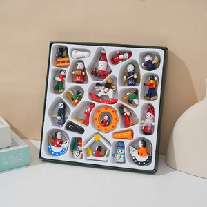 24-piece wooden Christmas tree ornament set featuring colorful mini Santa and angels
