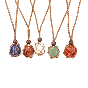 Handcrafted woven net necklaces featuring colorful natural raw stones in five vibrant colors