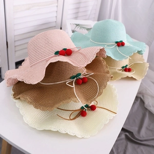 Women Wide Brim Paper Straw Sun Hat Wavy Edge Cherry Decoration Summer Beach Foldable Breathable Shading Vacation Hat Girls