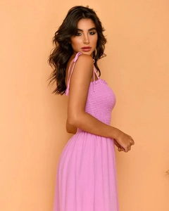 Detail of lavender maxi dress showing smocked chest fabric and thin shoulder straps