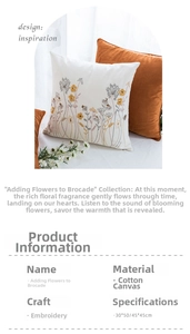 Detailed close-up of premium floral embroidery on white and orange cotton canvas pillow cases