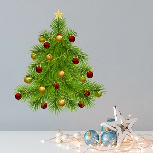 Christmas tree wall sticker with green branches and red gold ornaments for home decoration