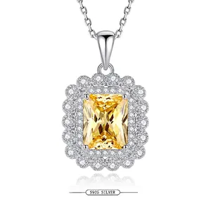 Elegant 925 Sterling Silver Pendant Necklace With Radiant Rectangular Emerald Cut Rhinestone Geometric Halo Jewelry Gift