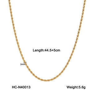 Detailed view of golden twisted rope chain necklace with dimensions and weight specs