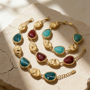 Gold plated stainless steel water drop resin bracelets in green, red and turquoise