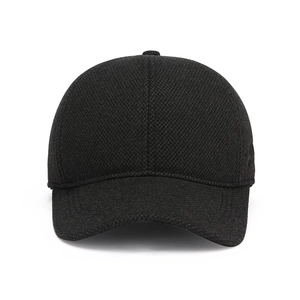 Men winter fleece thermal baseball cap with ear flaps in textured black fabric