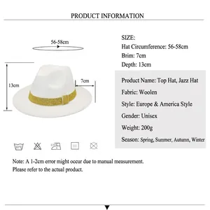 White wool fedora hat with gold glitter band and measurements for men and women