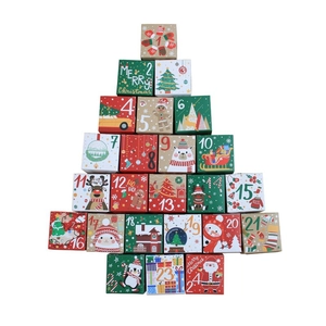 Set of 24 colorful Christmas advent calendar gift boxes arranged in a tree shape