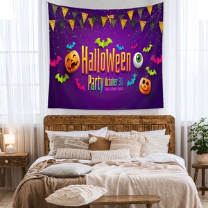 Detail of Halloween Party tapestry with purple festive motifs in a cozy bedroom setting