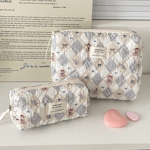 Two-piece quilted teddy bear makeup bag set in beige with blue diamond pattern