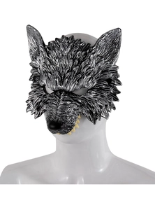 Detailed close-up of 3D realistic wolf mask with silver texture and sharp beige fangs