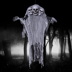 Close-up of hanging three-headed skull ghost decoration with tattered white mesh gauze