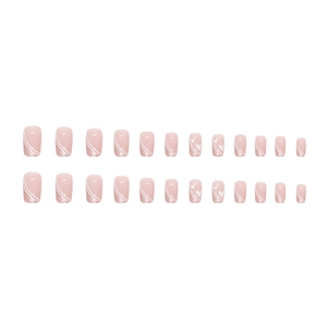 Pink square press-on nails set with minimalist white lines and glitter heart designs