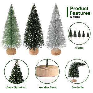 Artificial mini Christmas trees with snow spray and wooden base in three colors and five sizes