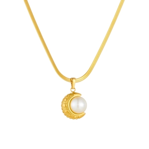 Gold moon pearl pendant necklace with sleek snake chain made of stainless steel