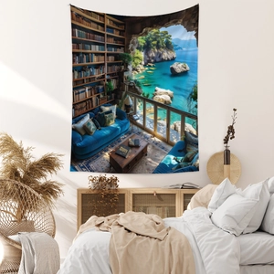 Detail of 3D library tapestry featuring ocean view shelf design on bedroom wall