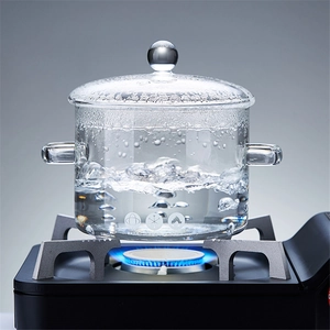 Borosilicate glass pot with lid and double handles boiling on a blue flame gas stove