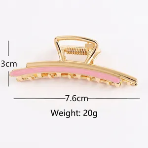 Golden hair claw clip with pink striped enamel, 7.6cm length metal hair accessory for women