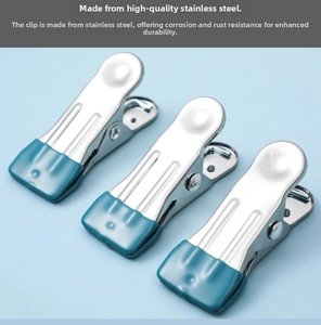Detail of stainless steel clothes pegs with blue anti-slip rubber coating for no-mark drying