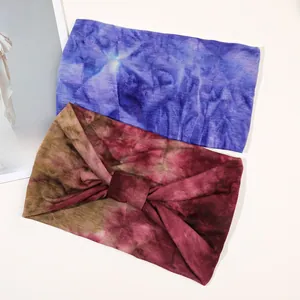 Tie-dye elastic wide headbands for yoga featuring blue-purple and brown knot patterns