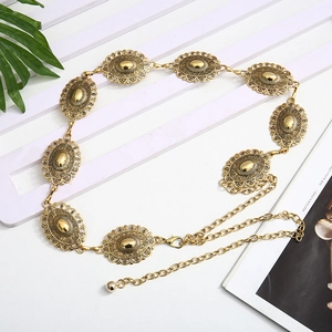 Vintage antique gold metal waist chain with carved hollow oval links for dresses