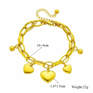 Vintage gold-tone stainless steel layered chain bracelet with three heart pendants