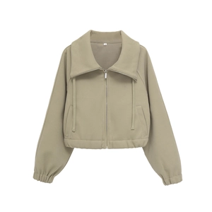 Women's khaki drawstring zip-up jacket with stand collar in soft sweatshirt fabric