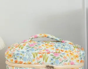Detail of floral quilted makeup bag featuring high-quality fabric and sturdy zipper