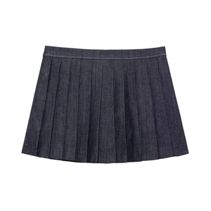 Dark blue denim pleated mini skirt with balloon silhouette on a clean white background