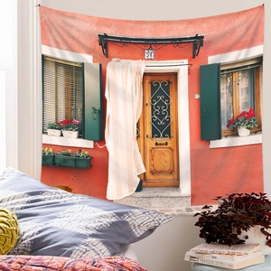 Detail of European building tapestry with green shutters and floral decor in bedroom