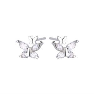 Elegant S925 silver double butterfly stud earrings with sparkling cubic zirconia stones