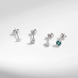 S925 sterling silver stud earring set featuring green clover, key, and crystal designs