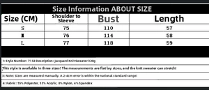 Size guide for jacquard knit sweater showing measurements in CM and fabric composition