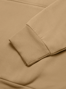 Close-up of the khaki fleece hoodie ribbed cuff showing high-quality stitching and fabric