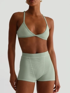 Women Y2K light green ribbed two-piece set with triangle bra and high waist shorts