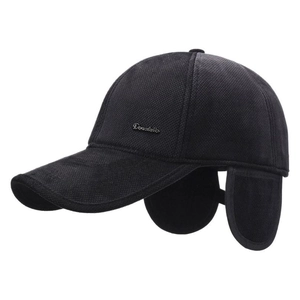 Men's winter baseball cap in black with ear flaps and metal logo for cold outdoor weather
