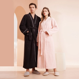 Plush Fleece Robe Thick Long Warm Bathrobe With Tie Waist Pockets Contrast Piping For Couples Men Women Winter