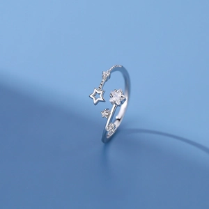 Minimalist S925 sterling silver open ring featuring star shapes and white zircon stones