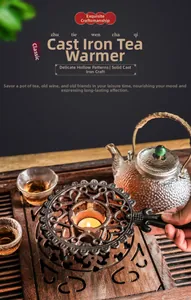 Detail of vintage cast iron tea warmer base with hollow pattern for candle heating