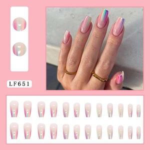Detail view of LF651 rainbow gradient long press-on nails set with 24 high-gloss pieces