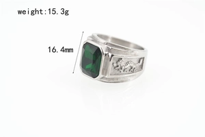 Detailed view of silver dragon ring featuring an emerald green stone and size specs