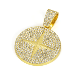 Macro shot of gold-plated hip hop pendant with sparkling rhinestones and star pattern