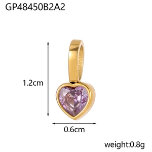 Macro detail of 18K gold plated heart pendant with purple zircon and dimensions