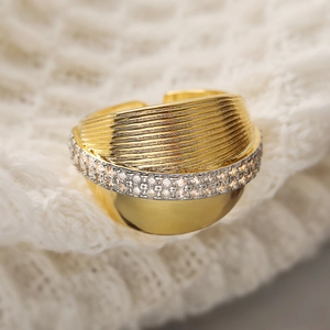 Wide 18K gold plated textured ring featuring a central row of micro-pave zircons