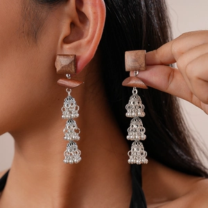 Bohemian Drop Earrings Wood And Copper With 925 Sterling Silver Earring Post Triple Layered Hollow Bell Tassel For Women