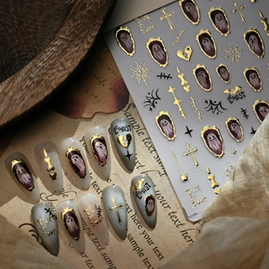 Baroque Halloween nail stickers with ghosts and gold crosses on grey gradient nails