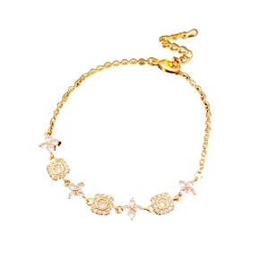 Elegant gold plated square flower adjustable bracelet with sparkling zircon stones