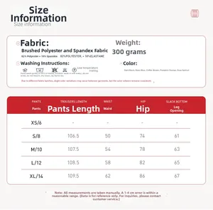 Size chart for high-waisted flared yoga pants with fabric composition and care instructions